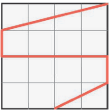 Malha quadrada de 4 por 4 quadrículas. Tomando o canto superior esquerdo como coluna 0, linha 0, o traçado vermelho passa, nesta ordem, por: coluna 4, linha 0; coluna 0, linha 1; coluna 0, linha 2; coluna 4, linha 2; coluna 4, linha 3; coluna 2, linha 4.