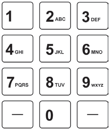 Teclado com quatro linhas e três colunas. Primeira linha: 1; 2 com A, B, C; 3 com D, E, F. Segunda: 4 com G, H, I; 5 com J, K, L; 6 com M, N, O. Terceira: 7 com P, Q, R, S; 8 com T, U, V; 9 com W, X, Y, Z. Quarta: traço; 0; traço.