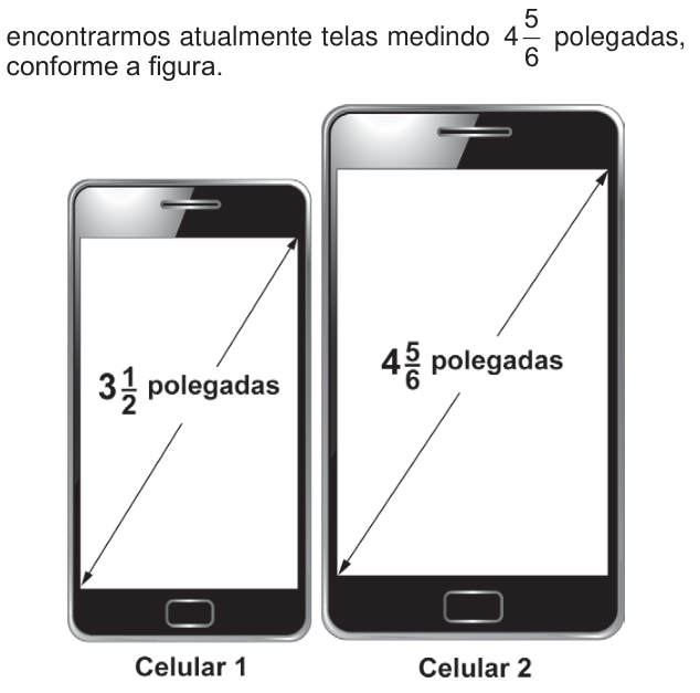 encontrarmos atualmente telas medindo quatro inteiros e cinco sextos polegadas, conforme a figura. Dois celulares lado a lado, com telas retangulares. No celular 1, à esquerda, uma seta marca a diagonal da tela: três inteiros e um meio polegadas. No celular 2, à direita, uma seta marca a diagonal da tela: quatro inteiros e cinco sextos polegadas.