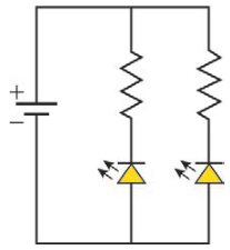Circuito com bateria à esquerda, polo positivo em cima. Há dois ramos paralelos ligados à bateria. Cada ramo tem um resistor na parte superior e um LED abaixo dele. Nos dois LEDs, o sentido permitido da corrente é de baixo para cima.