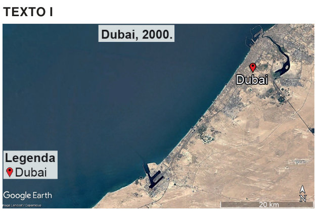 Imagem de satélite de Dubai em 2000. O mar ocupa a esquerda; a faixa de terra, a direita. A costa segue em diagonal do canto inferior esquerdo ao superior direito. Há estruturas portuárias que avançam sobre o mar, mas a maior parte da costa tem contorno contínuo. Escala de 20 quilômetros; norte para cima.