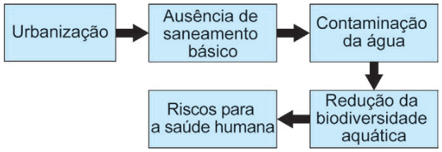 Fluxograma com cinco caixas ligadas por setas, nesta ordem: “Urbanização” → “Ausência de saneamento básico” → “Contaminação da água” → “Redução da biodiversidade aquática” → “Riscos para a saúde humana”. As três primeiras caixas estão na linha de cima; a seta seguinte aponta para baixo, e a última aponta para a esquerda.