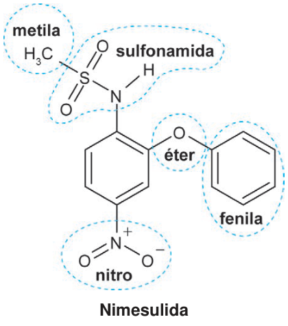 Estrutura química da nimesulida com cinco grupamentos circulados: metila (CH₃); sulfonamida (CH₃–S(=O)₂–NH–, com hidrogênio ligado ao nitrogênio); éter (oxigênio entre dois anéis benzênicos); fenila (anel benzênico lateral); e nitro (NO₂, com nitrogênio positivo e um oxigênio negativo) ligado ao anel central.