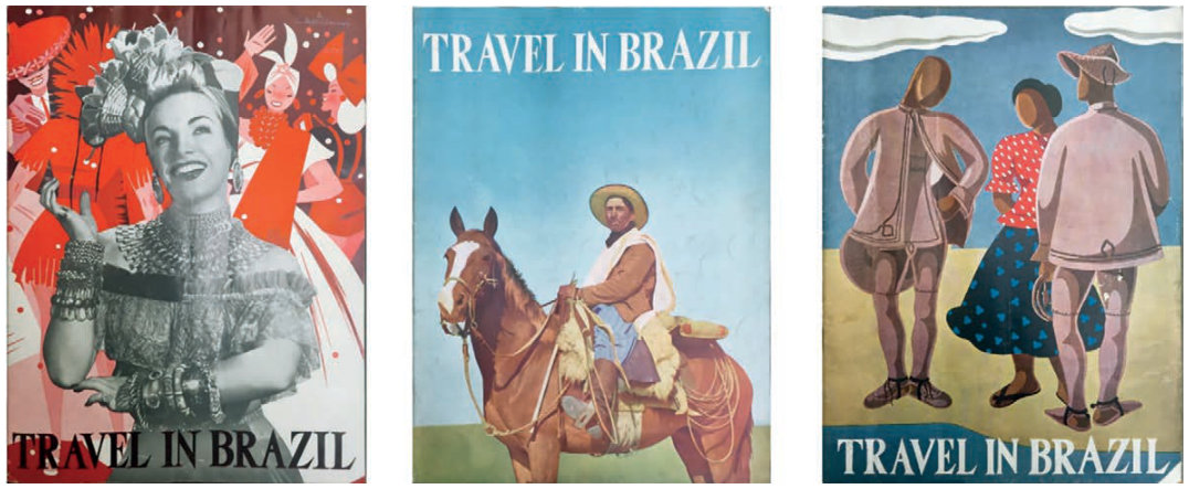 Três capas da revista “Travel in Brazil”. Na primeira, uma mulher sorridente usa adereços na cabeça e pulseiras, diante de uma cena festiva com dançarinos. Na segunda, um homem de chapéu monta um cavalo em uma paisagem rural. Na terceira, três pessoas vistas de costas, com roupas e chapéus distintos, estão diante do mar.