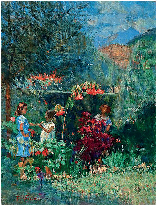 Pintura de um jardim com três meninas entre plantas e flores vermelhas. À esquerda, uma menina de vestido azul; ao centro, outra de vestido claro; à direita, uma terceira aparece parcialmente encoberta pelas flores. Ao fundo há árvores, montanhas e céu azul. As formas são feitas com pinceladas visíveis e manchas de cores claras e escuras.