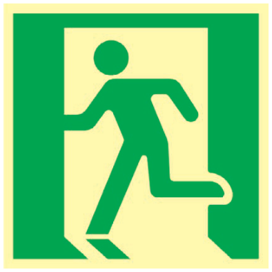 Placa retangular de saída de emergência, em verde e amarelo-claro. No centro, uma pessoa estilizada em verde corre para a direita, atravessando a abertura de uma porta.