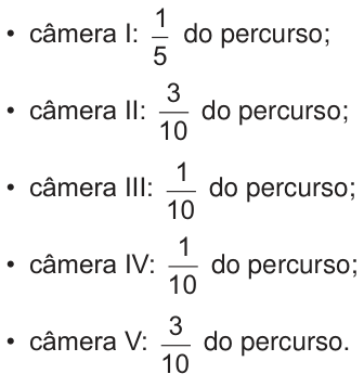 Lista dos alcances: câmera I, um quinto do percurso; câmera II, três décimos; câmera III, um décimo; câmera IV, um décimo; câmera V, três décimos.
