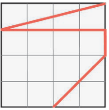 Malha quadrada de 4 por 4 quadrículas. Tomando o canto superior esquerdo como coluna 0, linha 0, o traçado vermelho passa, nesta ordem, por: coluna 4, linha 0; coluna 0, linha 1; coluna 4, linha 1; coluna 4, linha 2; coluna 2, linha 4.