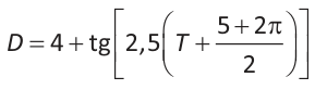 D igual a quatro mais tangente de dois vírgula cinco vezes, abre parênteses, T mais a fração cinco mais dois pi sobre dois, fecha parênteses.