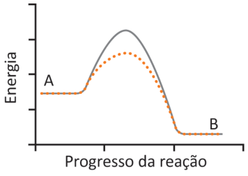 Gráfico de energia, no eixo vertical, pelo progresso da reação, no horizontal; sem unidades indicadas. A linha contínua, sem enzima, e a pontilhada, com enzima, começam juntas em A. A contínua atinge um pico mais alto que a pontilhada. Ambas terminam juntas em B, abaixo de A.
