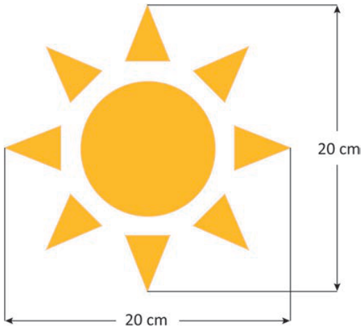 Desenho de um sol: círculo central e oito triângulos ao redor, formando raios. A largura total do desenho, da ponta esquerda à ponta direita, é de 20 centímetros. A altura total, da ponta superior à ponta inferior, também é de 20 centímetros.
