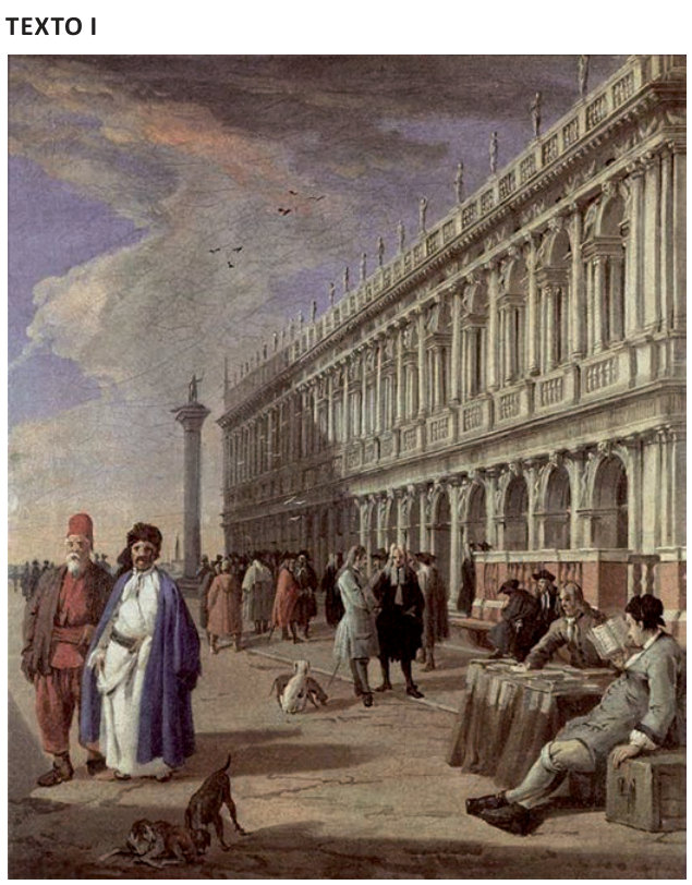 Pintura de uma praça em Veneza, com um longo edifício de arcos e colunas à direita. Muitas pessoas circulam pelo local. Em primeiro plano, dois homens usam túnicas e coberturas de cabeça orientais; outras pessoas vestem roupas europeias. À direita, há homens junto a mesas. Cães aparecem no chão.
