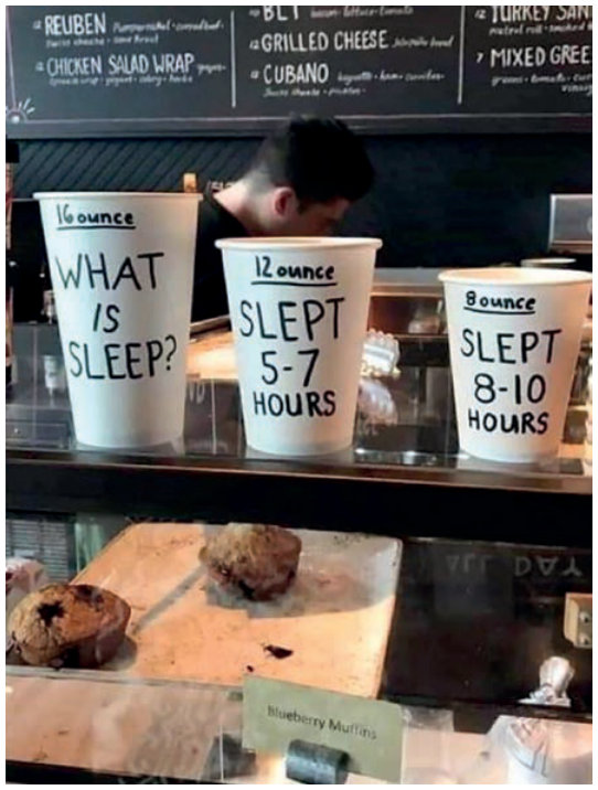 Foto de um balcão de cafeteria com três copos descartáveis alinhados, do maior para o menor. No copo maior, à esquerda, lê-se “16 ounce” e “WHAT IS SLEEP?” (“O que é sono?”). No copo do meio, “12 ounce” e “SLEPT 5-7 HOURS” (“Dormiu de 5 a 7 horas”). No menor, à direita, “8 ounce” e “SLEPT 8-10 HOURS” (“Dormiu de 8 a 10 horas”).