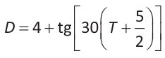 D igual a quatro mais tangente de trinta vezes, abre parênteses, T mais cinco sobre dois, fecha parênteses.