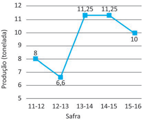 Gráfico de linhas. Eixo horizontal: safra, de 11-12 a 15-16. Eixo vertical: produção, em toneladas. Pontos ligados em ordem: 11-12, 8; 12-13, 6,6; 13-14, 11,25; 14-15, 11,25; 15-16, 10.