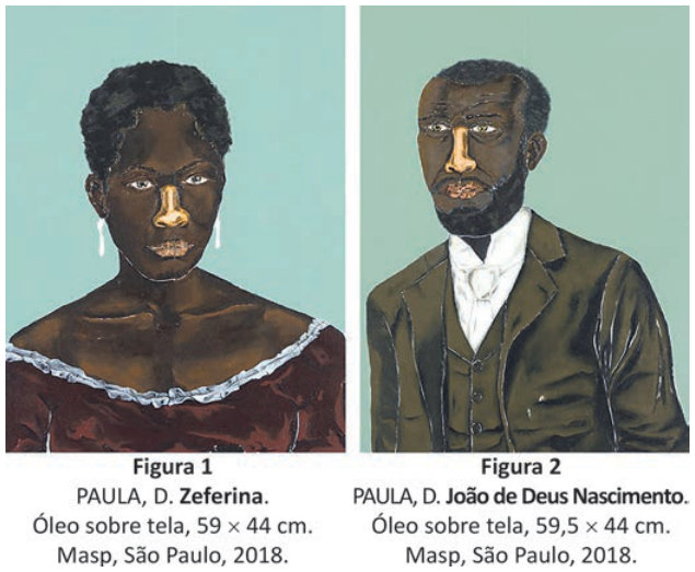 Retrato pintado de Zeferina, mulher negra vista de frente, do peito para cima. Tem cabelo curto e encaracolado, usa brincos brancos compridos e vestido vinho com decote ombro a ombro e renda branca. O fundo é verde-água liso. Legenda: “PAULA, D. Zeferina. Óleo sobre tela, 59 por 44 centímetros. Masp, São Paulo, 2018.”