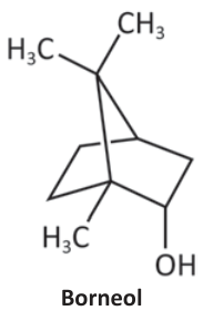 Fórmula estrutural em perspectiva do borneol. Esqueleto bicíclico com dez carbonos e apenas ligações simples. Há três grupos metil: dois ligados ao mesmo carbono, na parte superior, e um ligado a um carbono na parte inferior. Um grupo OH está ligado ao carbono inferior direito do anel. Os hidrogênios ligados aos carbonos não estão escritos.